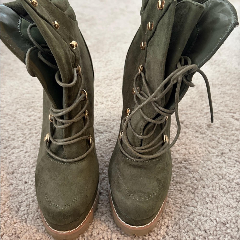 Olive Green Lace-Up Boots